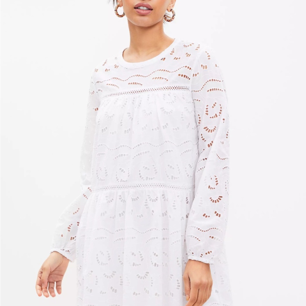 LOFT White Long Sleeve Eyelet Dress